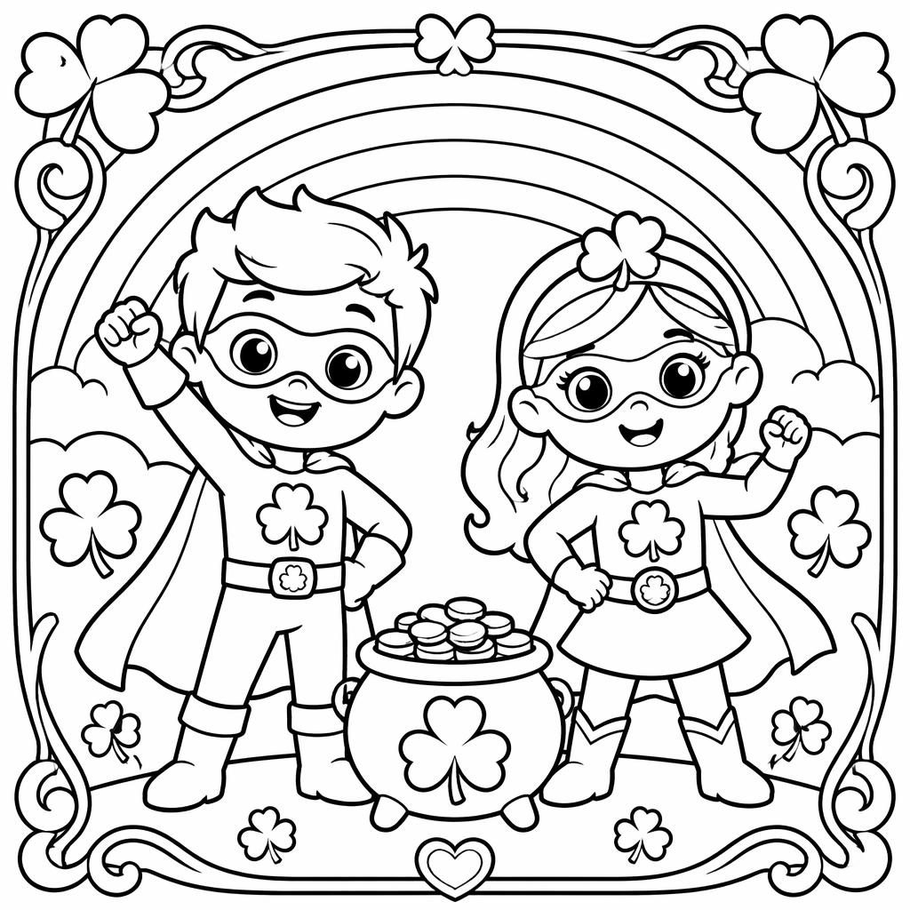 Black-and-white coloring page of superhero cartoon kids in an art nouveau style with bold outlines and closed shapes.