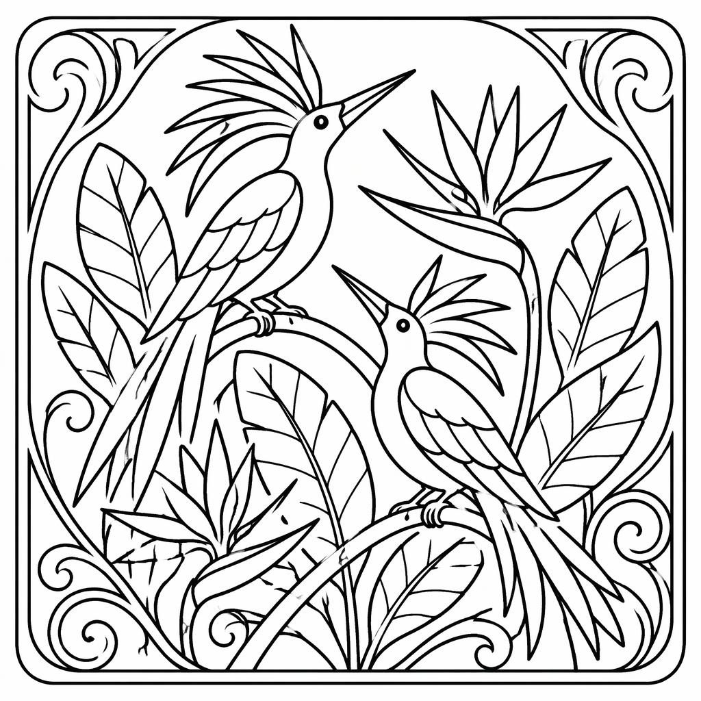 Black-and-white coloring page showing simple birds of paradise flowers in chunky art nouveau outlines on white.