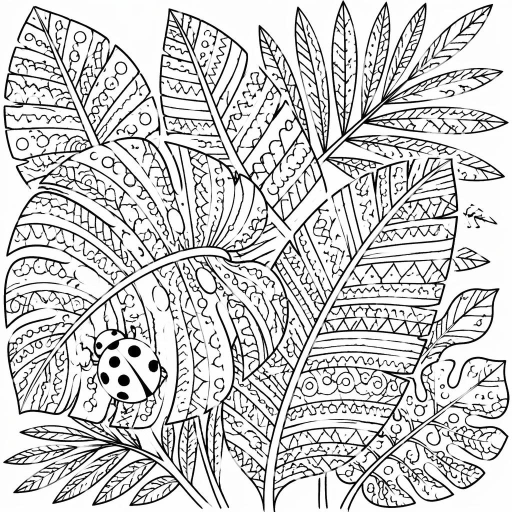 Schwarz-weiße Ausmalseite mit tropischen Blättern im Zentangle-Stil, klare Konturen, detailreich und druckbar