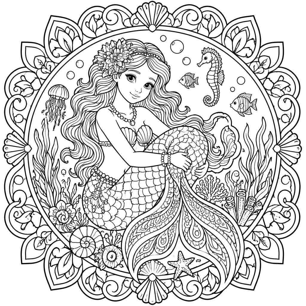 Ilustración para colorear en blanco y negro de una sirena bajo el mar con detalles ornamentales tipo mandala.