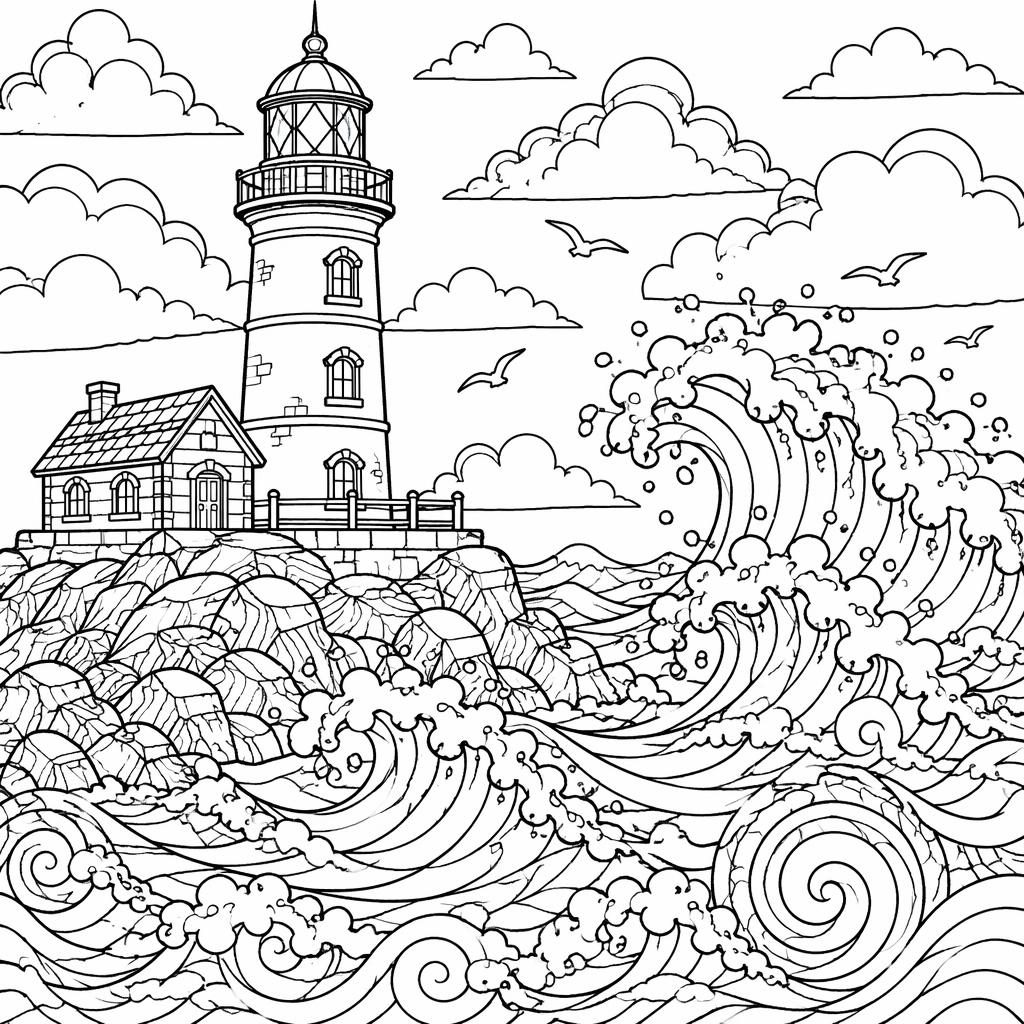 Schwarz-weißes Ausmalbild mit Leuchtturm und Wellen, detailreiche Linien, klare Umrisse auf weißem Hintergrund.