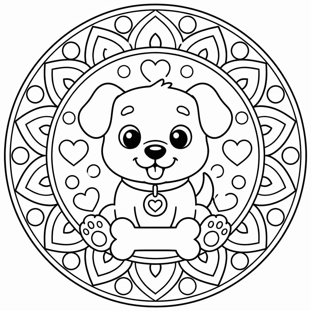 Ilustración para colorear en blanco y negro de un perro tierno con hueso, líneas gruesas y estilo mandala geométrico.