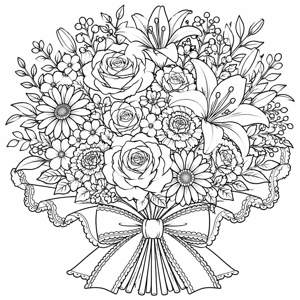 Illustration noir et blanc d’un bouquet de fleurs détaillé, style manga, en contours nets à colorier.