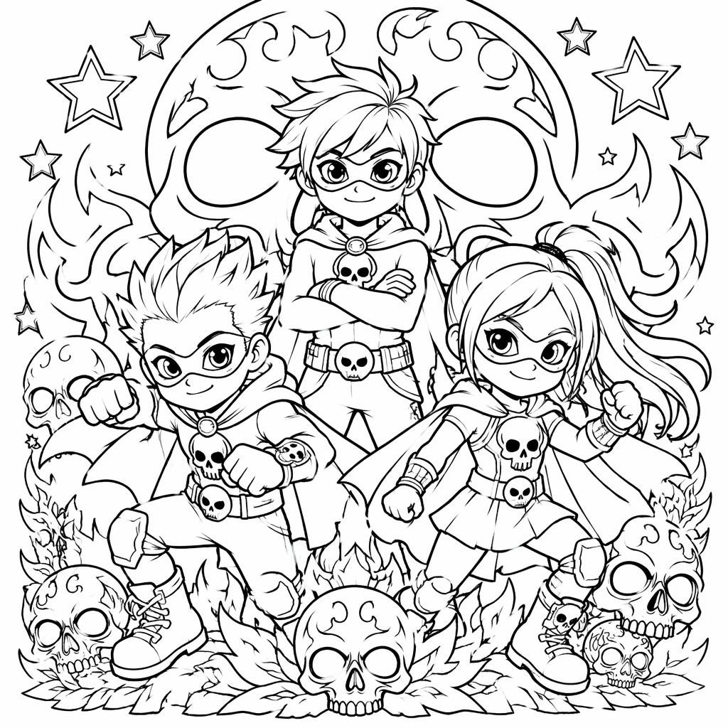 Black-and-white coloring page line art of superhero cartoon kids in a detailed manga-inspired style.