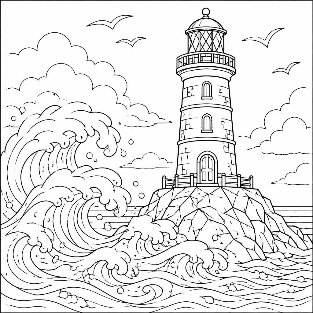 Illustration noir et blanc d’un phare entouré de vagues, style manga, avec contours nets à colorier.