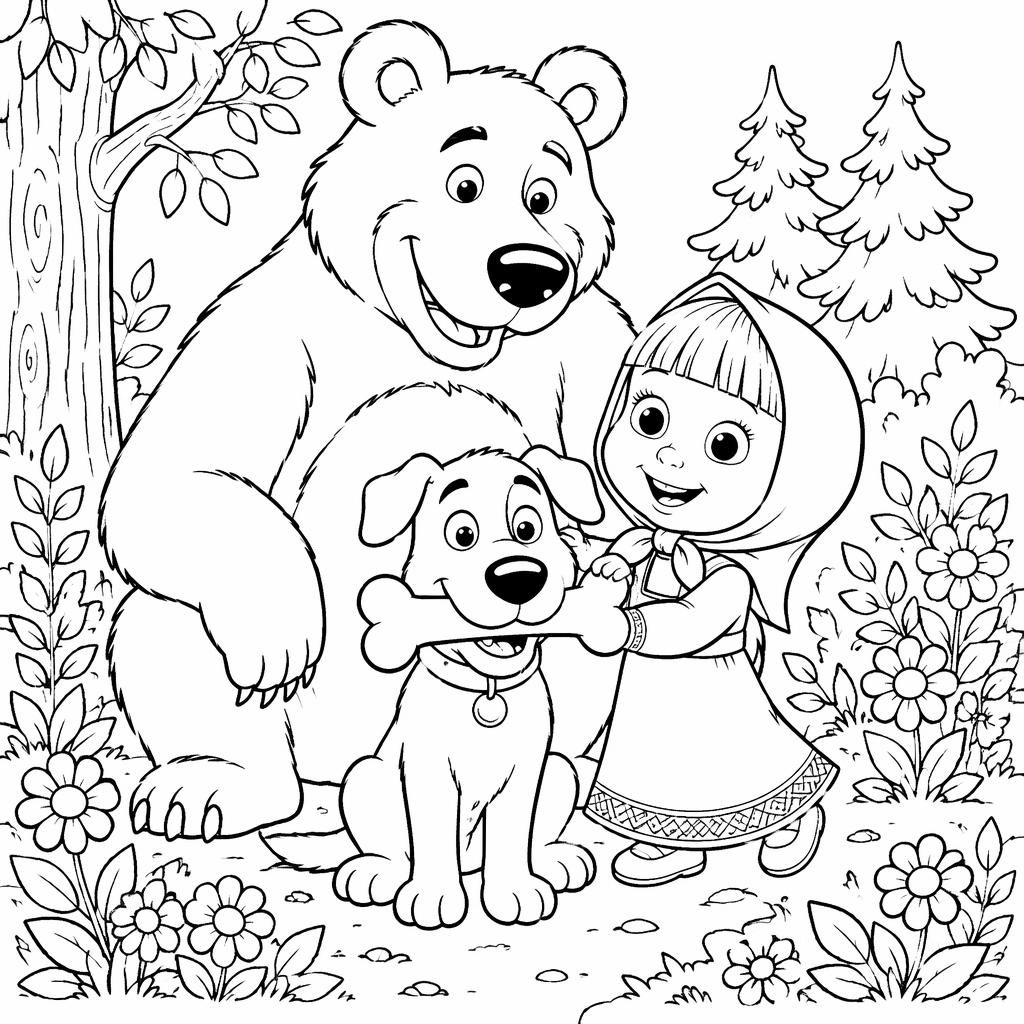 Schwarz-weiße Ausmalseite mit süßem Hund und Knochen im botanischen Line-Art-Stil, klare Konturen auf weißem Grund.