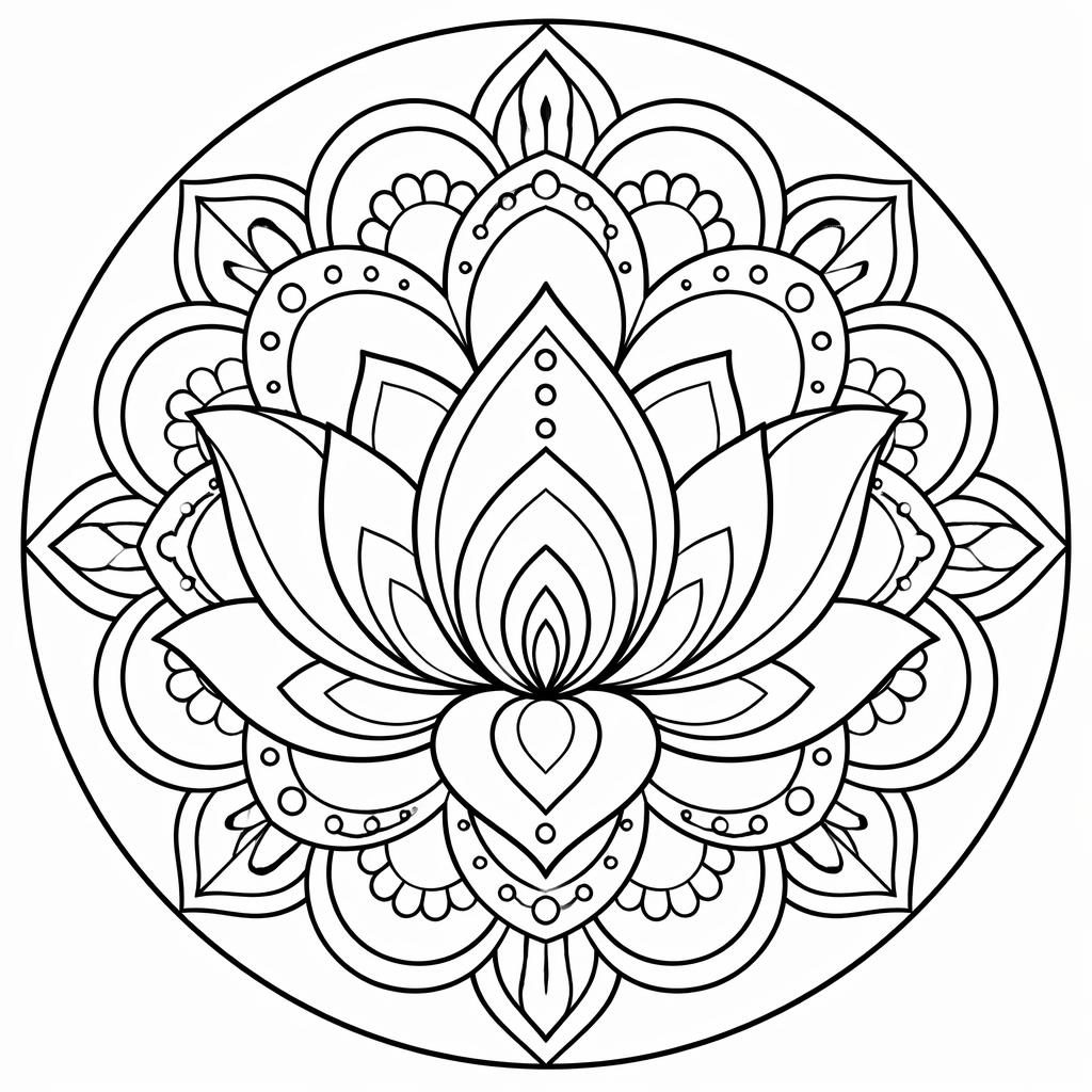 Illustration noir et blanc d’un lotus mandala pour adulte, style cartoon mignon, contours nets à imprimer.