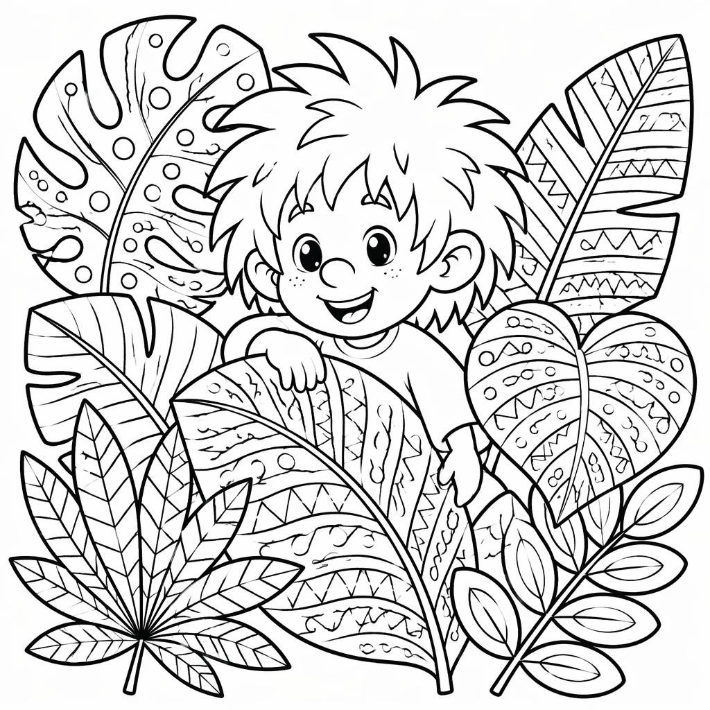 Schwarz-weiße Ausmalseite mit tropischen Blättern im Zentangle-Stil, mit dicken Konturen und kinderfreundlichen Formen.