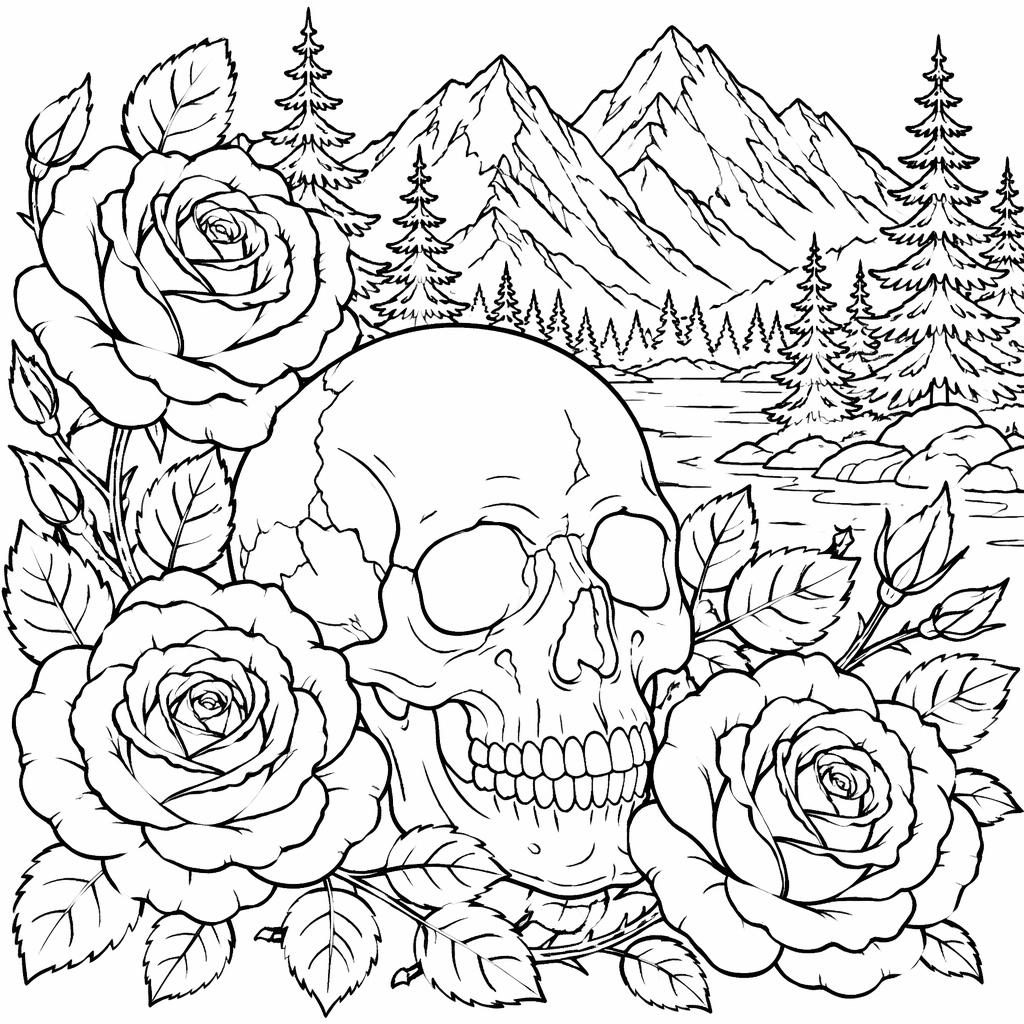 Black-and-white coloring page with mountains and pine trees in a cute detailed cartoon line-art style on white background.