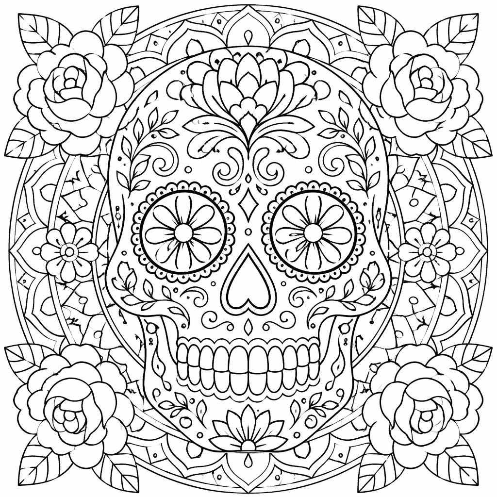 Illustration à colorier en noir et blanc d’une tête de mort sucre Dia de los Muertos, style mandala géométrique.