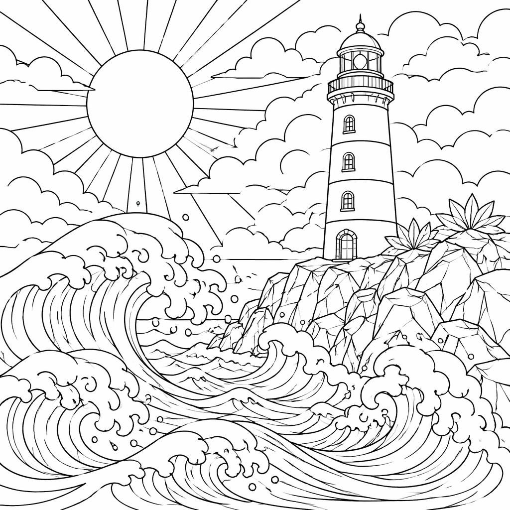 Black-and-white adult coloring page with a lighthouse, ocean waves, and a sun in clean manga-inspired line art.