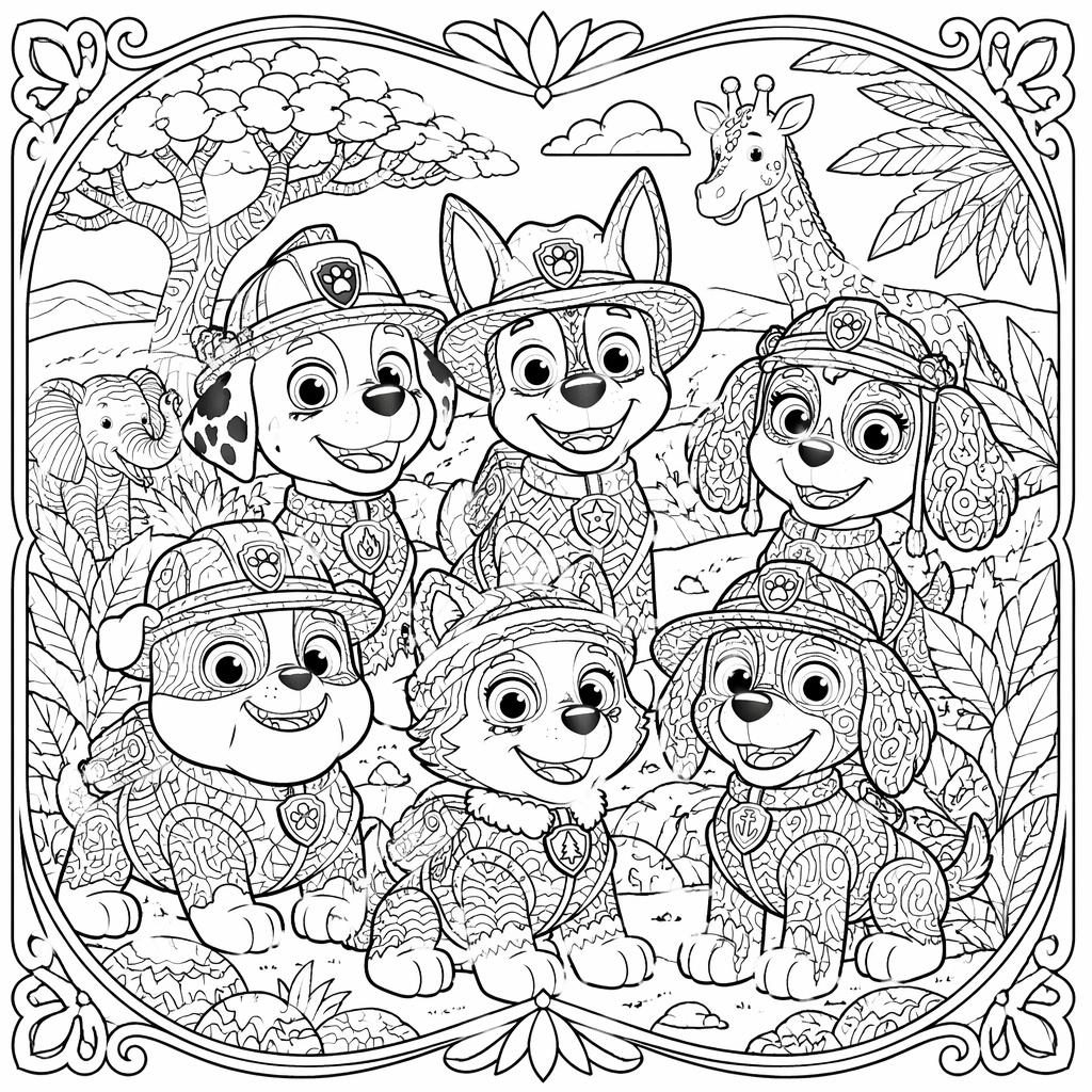 Black-and-white safari animals zentangle coloring page with intricate Art Nouveau line art and clean printable outlines.