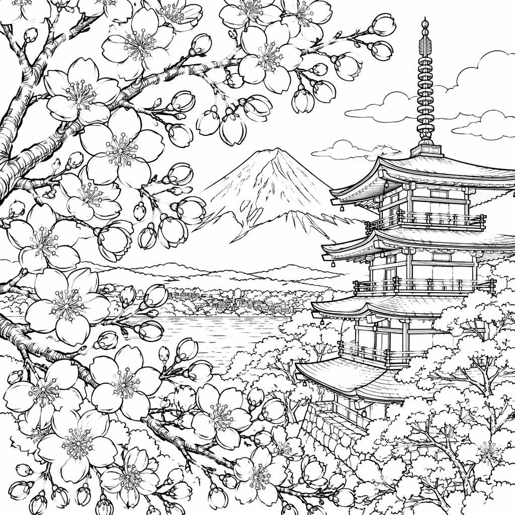 Illustration de coloriage adulte en noir et blanc avec fleurs de cerisier japonaises en line art détaillé