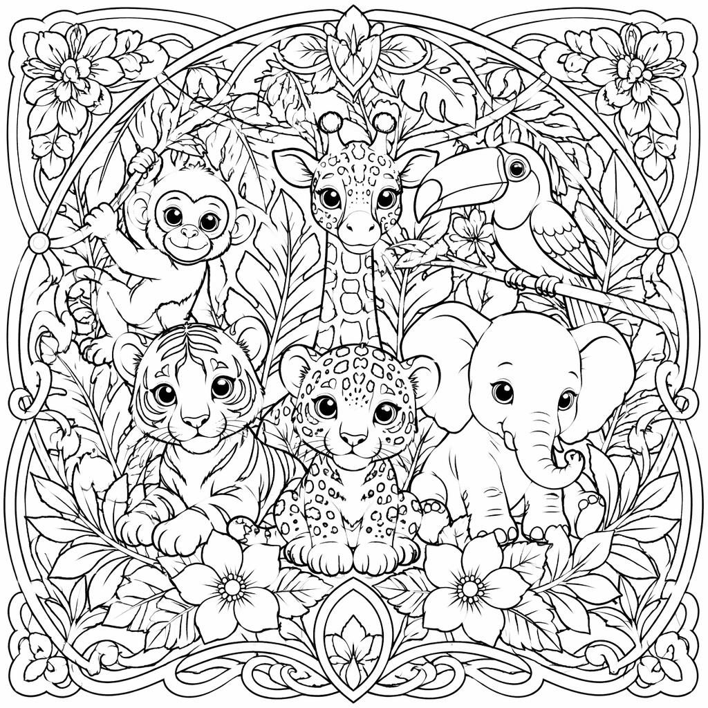 Ilustración para colorear en blanco y negro con animales de la selva infantiles y detalles intrincados estilo art nouveau.