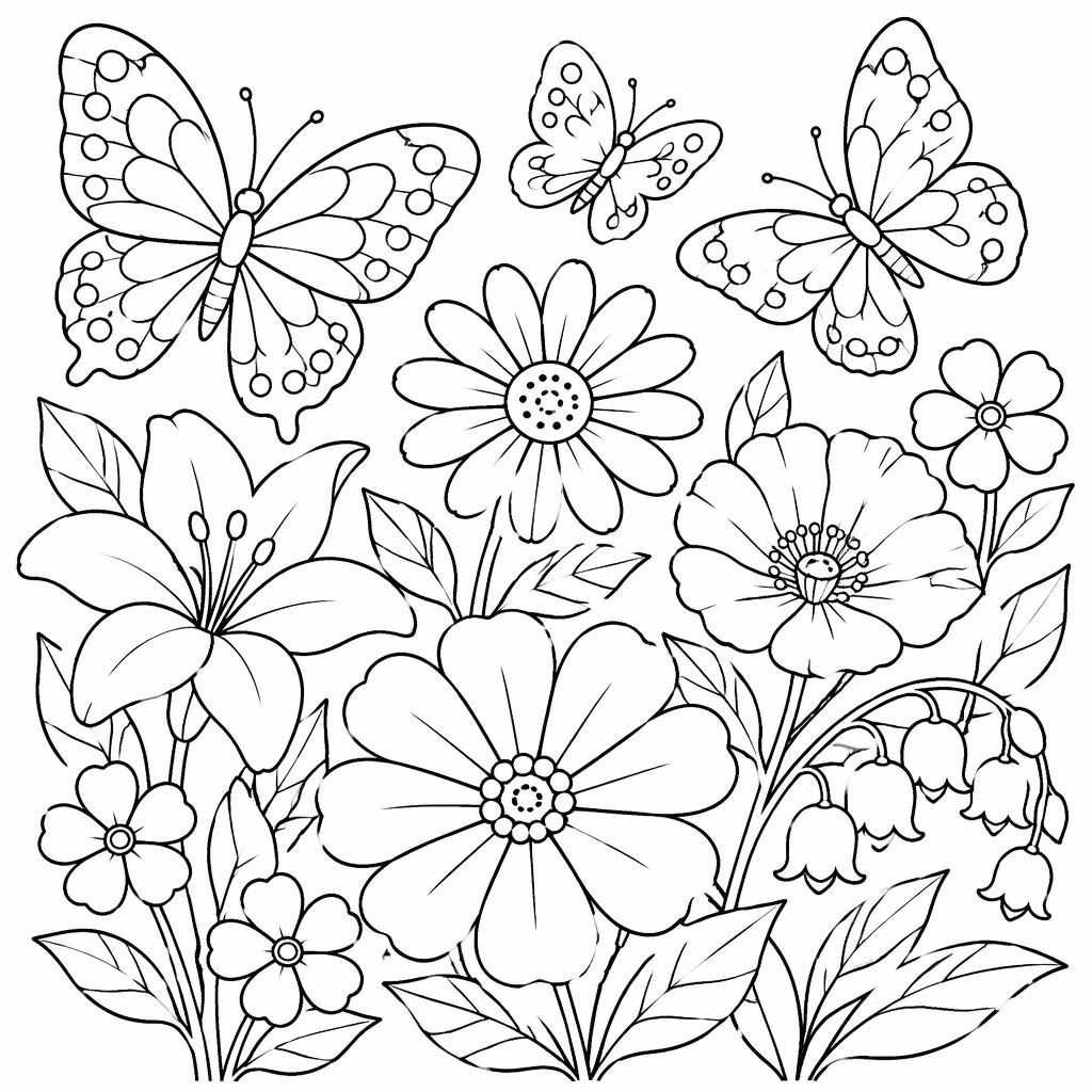 Schwarz-weiße Ausmalseite mit Schmetterlingen und Blumen in einfachen, klaren Konturen auf weißem Hintergrund