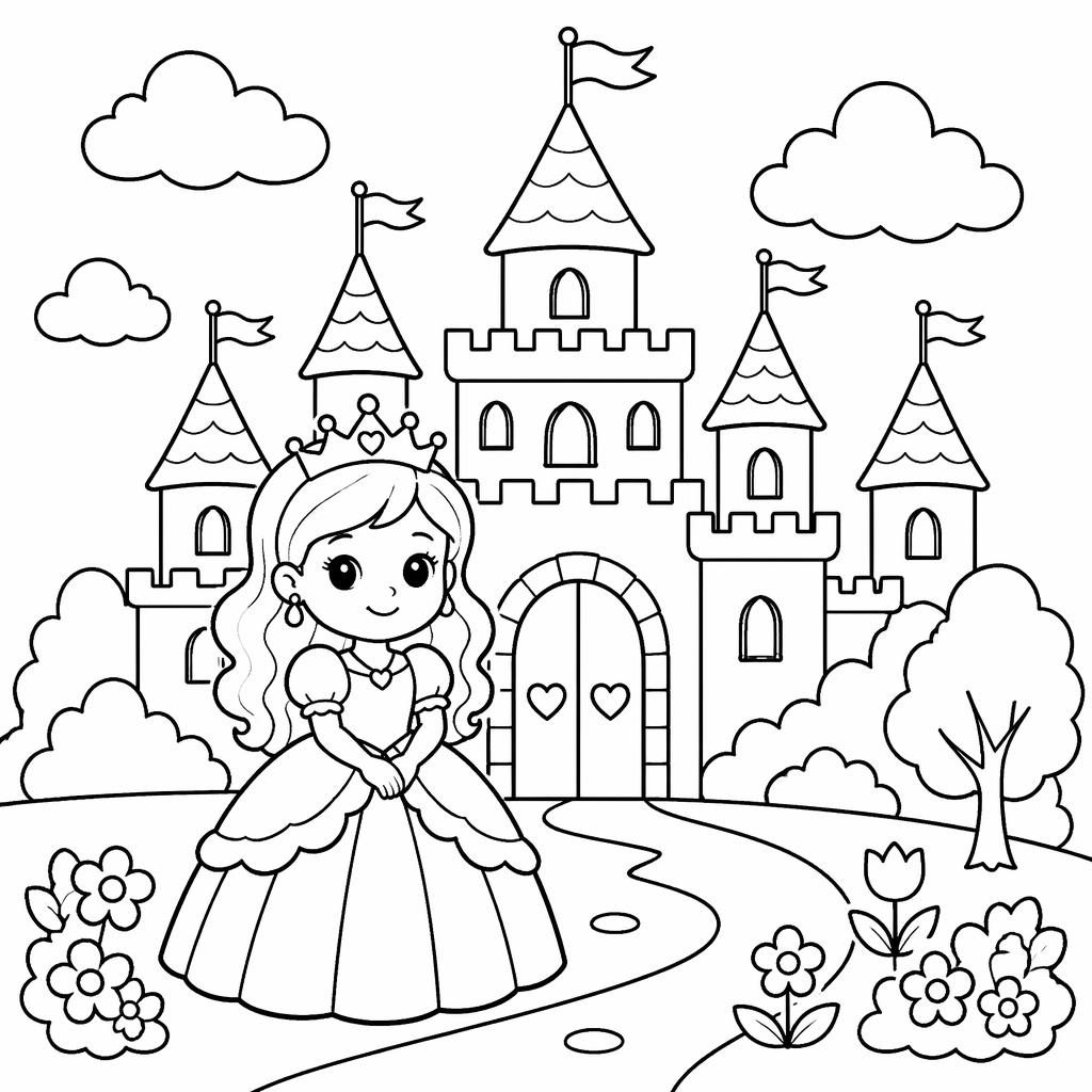 Black-and-white coloring page of a cute fairy tale princess castle for kids, with simple cartoon outlines.