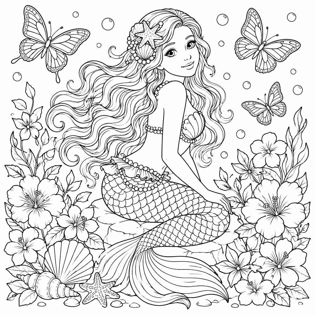 Schwarz-weiße Ausmalseite mit detailreichen Schmetterlingen und Blumen als klare Line-Art