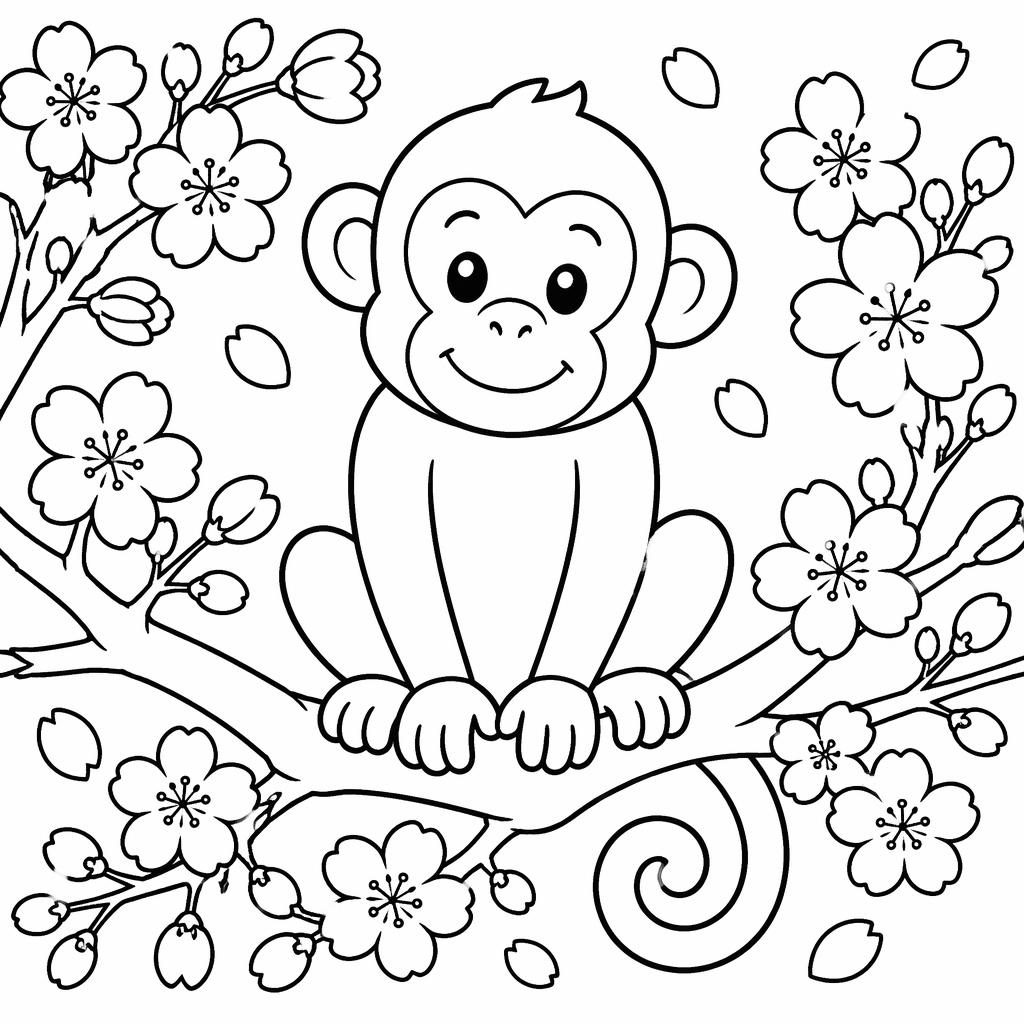 Schlichte schwarz-weiße Ausmalseite mit niedlichem Affen bei japanischen Kirschblüten im Cartoon-Stil.