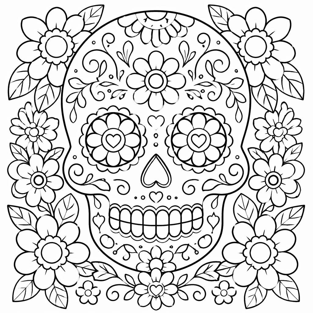 Ilustración en blanco y negro de una calavera de azúcar estilo caricatura, con detalles tipo mandala para colorear.