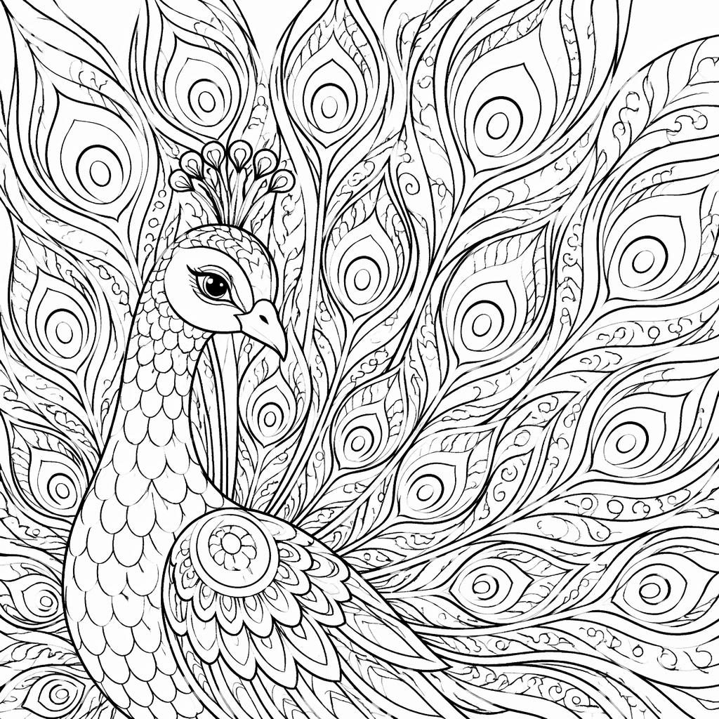 Ilustración en blanco y negro de plumas de pavo real con patrón zentangle, trazos limpios y formas cerradas para colorear.