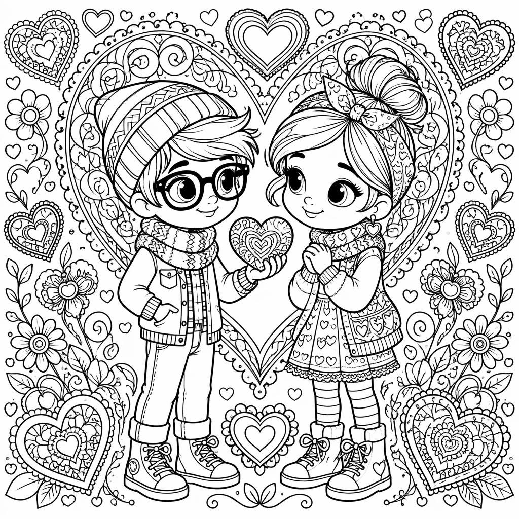 Black-and-white coloring page of cute cartoon valentine hearts for kids, with intricate mandala-style details and clean outlines.