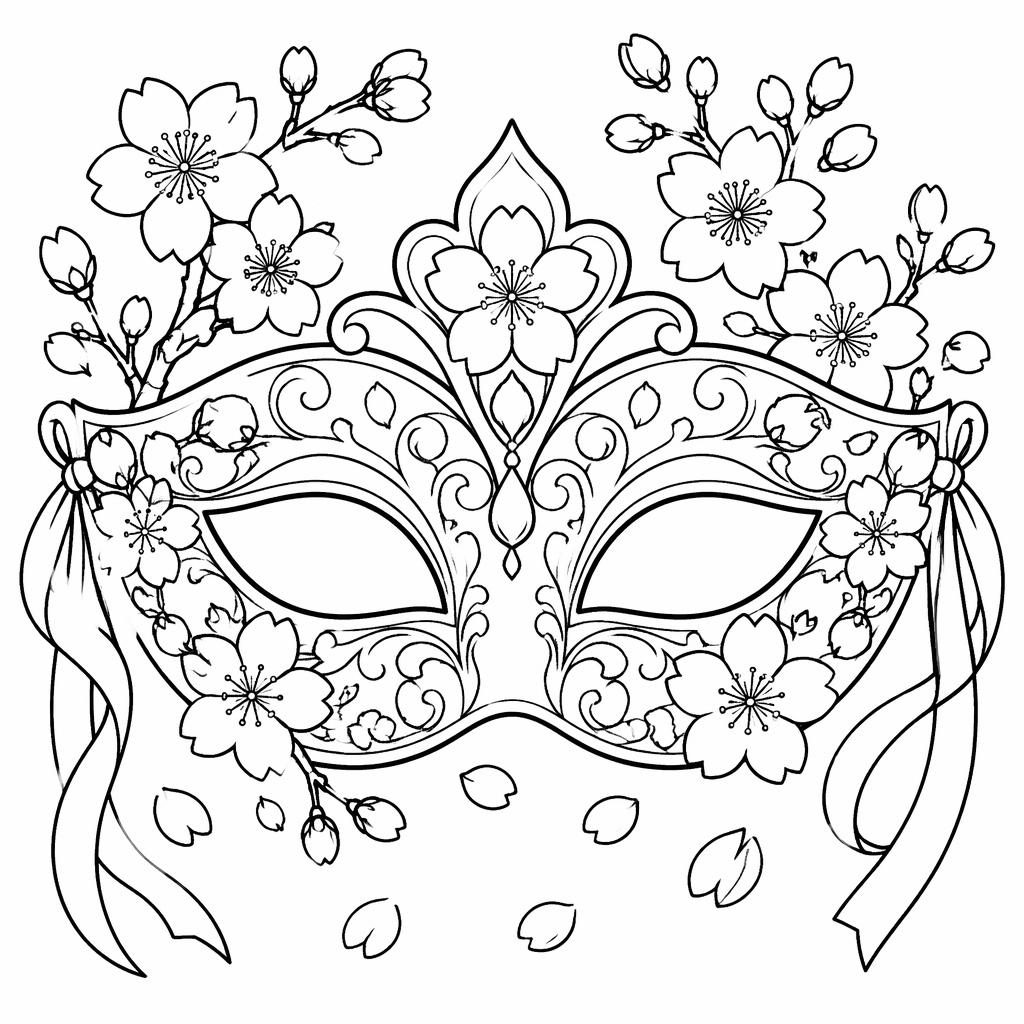 Illustration noir et blanc de fleurs de cerisier japonaises style botanique, contours nets à colorier pour adulte.