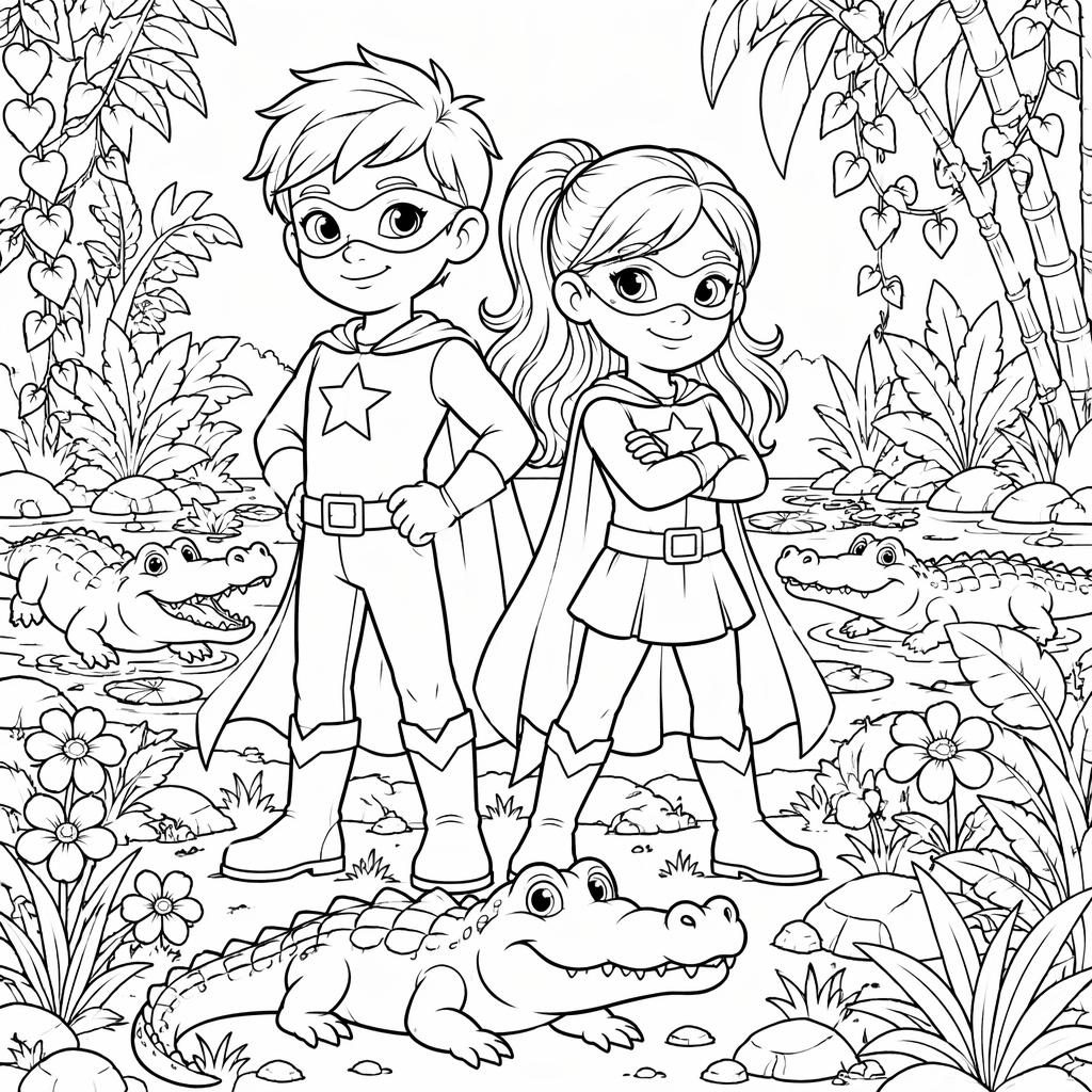 Illustration noir et blanc de jeunes super-héros cartoon en coloriage détaillé, avec contours nets et style botanique.