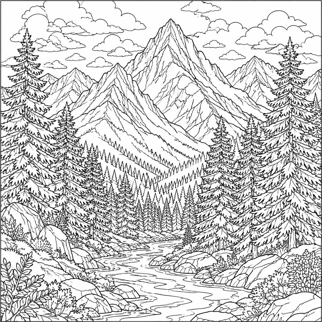 Illustration de coloriage en noir et blanc avec montagnes réalistes et sapins détaillés pour adultes
