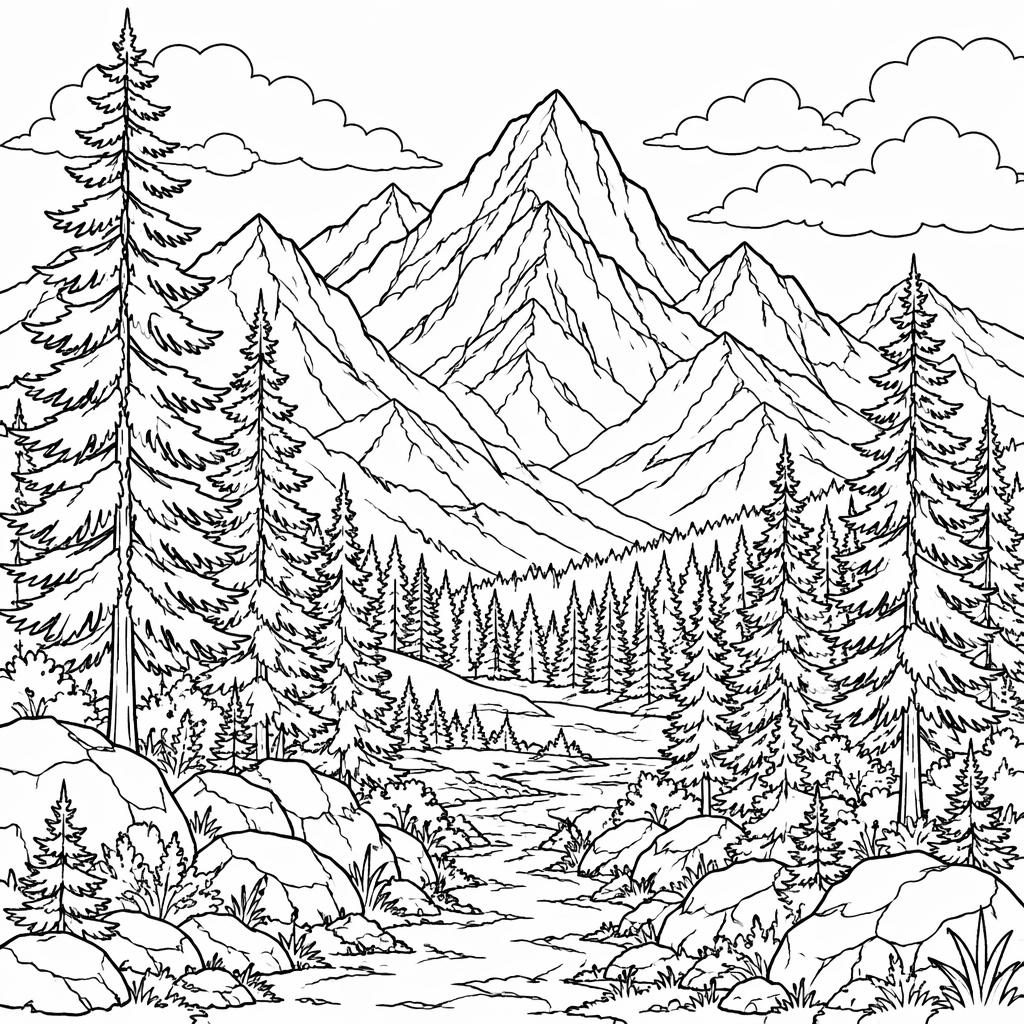 Illustration noir et blanc à colorier avec montagnes réalistes et sapins en contours nets sur fond blanc.