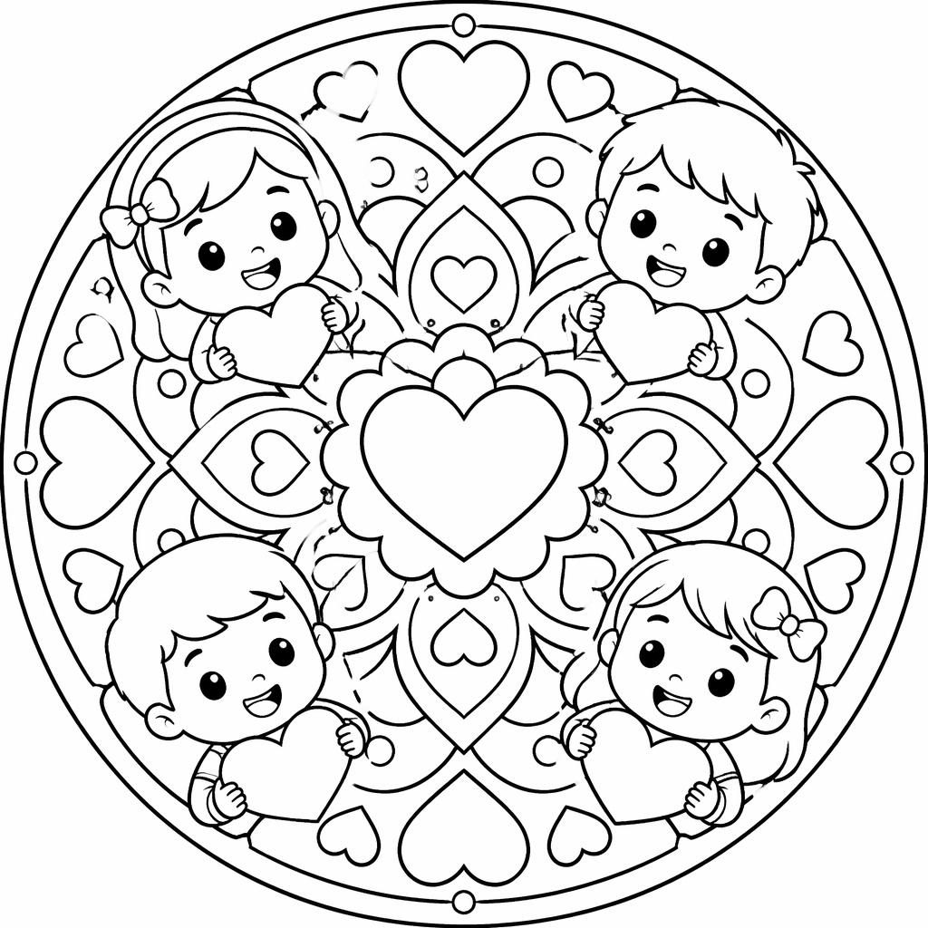 Ilustración para colorear en blanco y negro con corazones de San Valentín estilo cartoon para niños