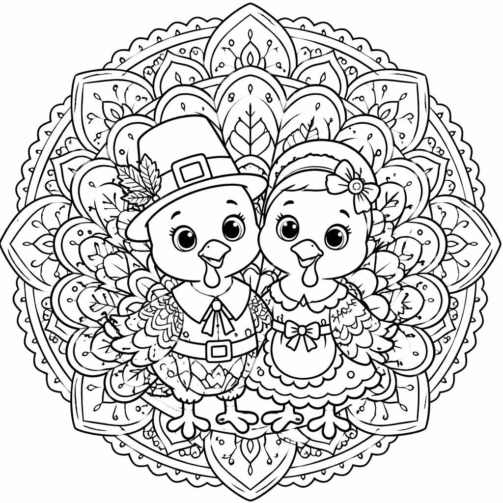 Página para colorear en blanco y negro con pavo de Acción de Gracias y niños, estilo tierno, detalle tipo mandala.