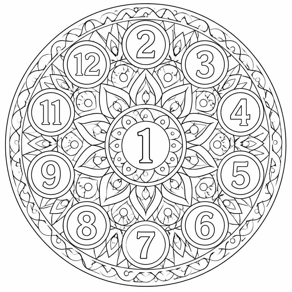 Schwarz-weiße Mandala-Ausmalseite mit geometrischem Muster, feinen Details und klaren Linien auf weißem Hintergrund.