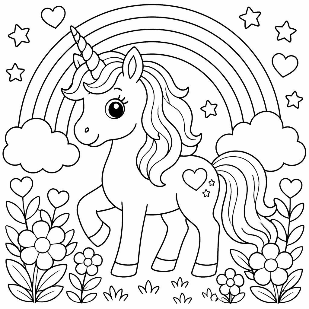 Black-and-white line art coloring page with a simple unicorn beside a rainbow, clean outlines on a white background.