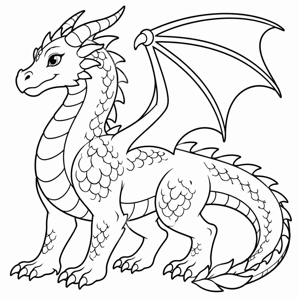 Ilustración en blanco y negro de un dragón fantástico adulto con líneas gruesas, estilo botánico, para colorear.