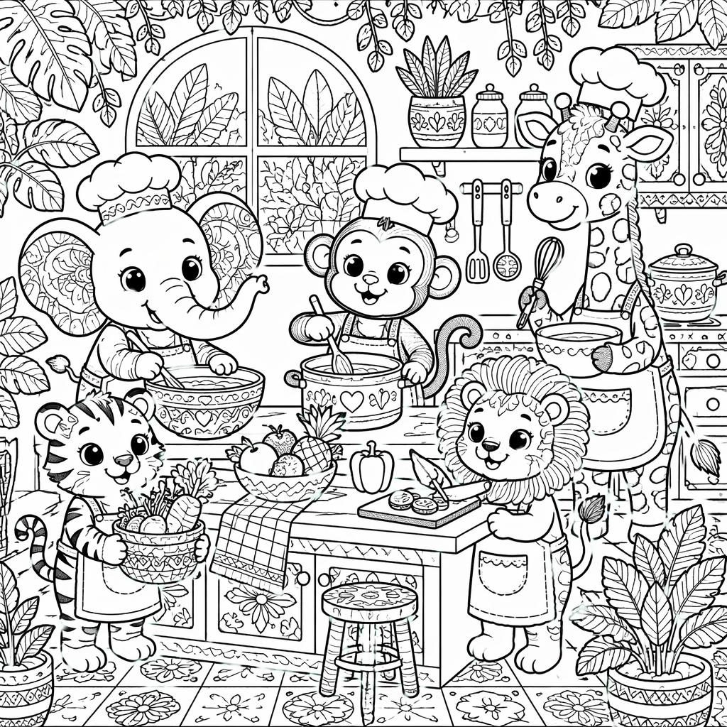 Schwarz-weiße Ausmalseite mit kindgerechten Dschungeltieren im detailreichen Zentangle-Lineart auf weißem Hintergrund.