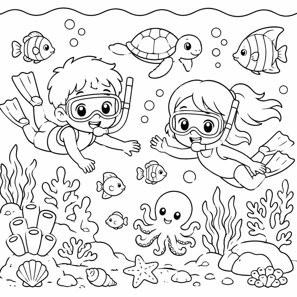 Ilustración en blanco y negro de una escena submarina infantil con peces, algas y burbujas, estilo manga simple.