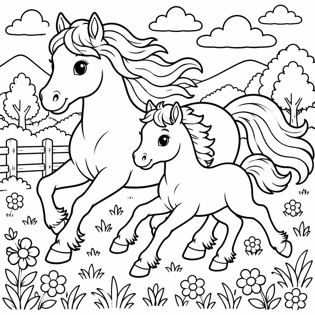 Black-and-white coloring page with cute cartoon horses running in chunky outlined line art on a white background.
