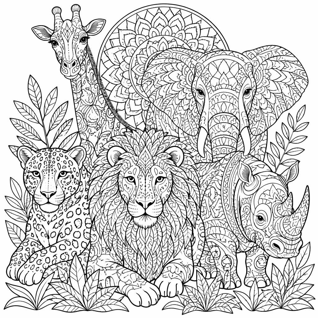 Schwarz-weiße Ausmalvorlage mit Safari-Tieren im Zentangle-Stil, detailreiche Mandala-Ornamente und klare Linien