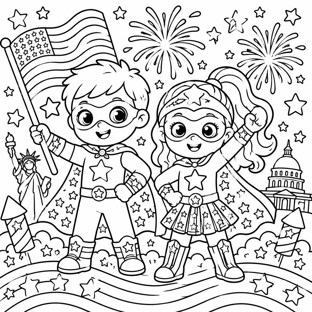 Black-and-white coloring page of superhero cartoon kids in chunky doodle line art, clean outlines on white background.