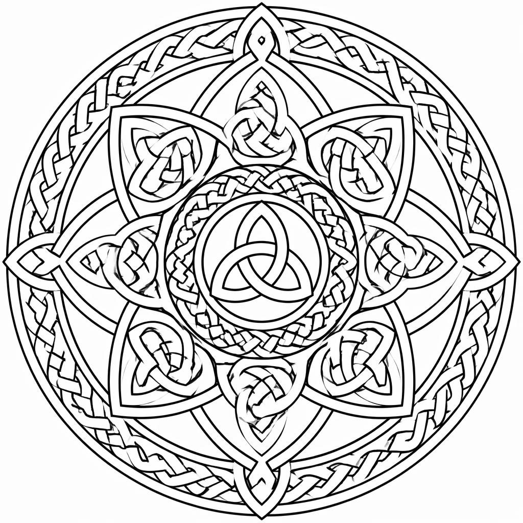 Ilustración en blanco y negro de nudos celtas intrincados en estilo mandala geométrico para colorear.