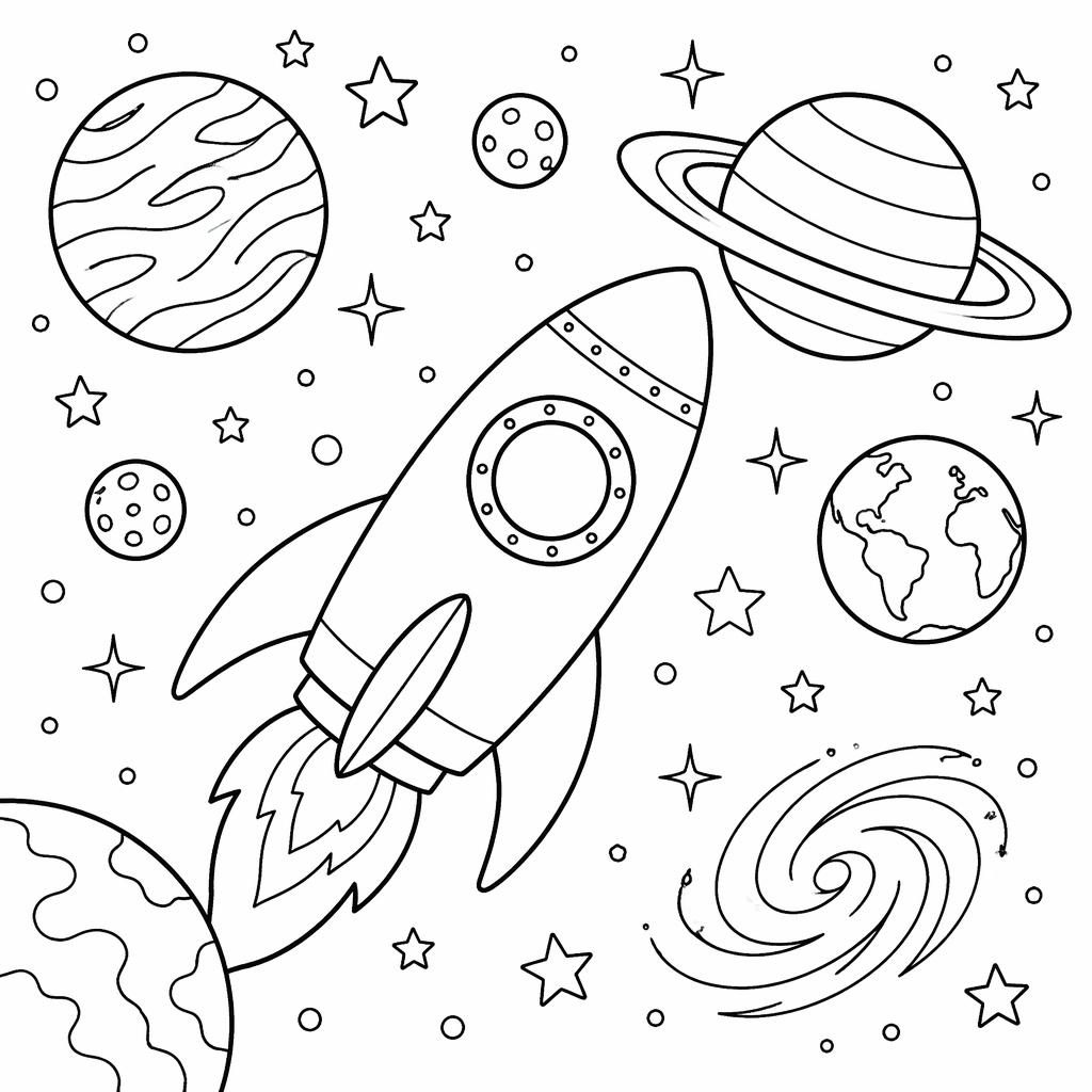 Ilustración en blanco y negro de un cohete espacial con planetas, estilo lineal limpio para colorear infantil.