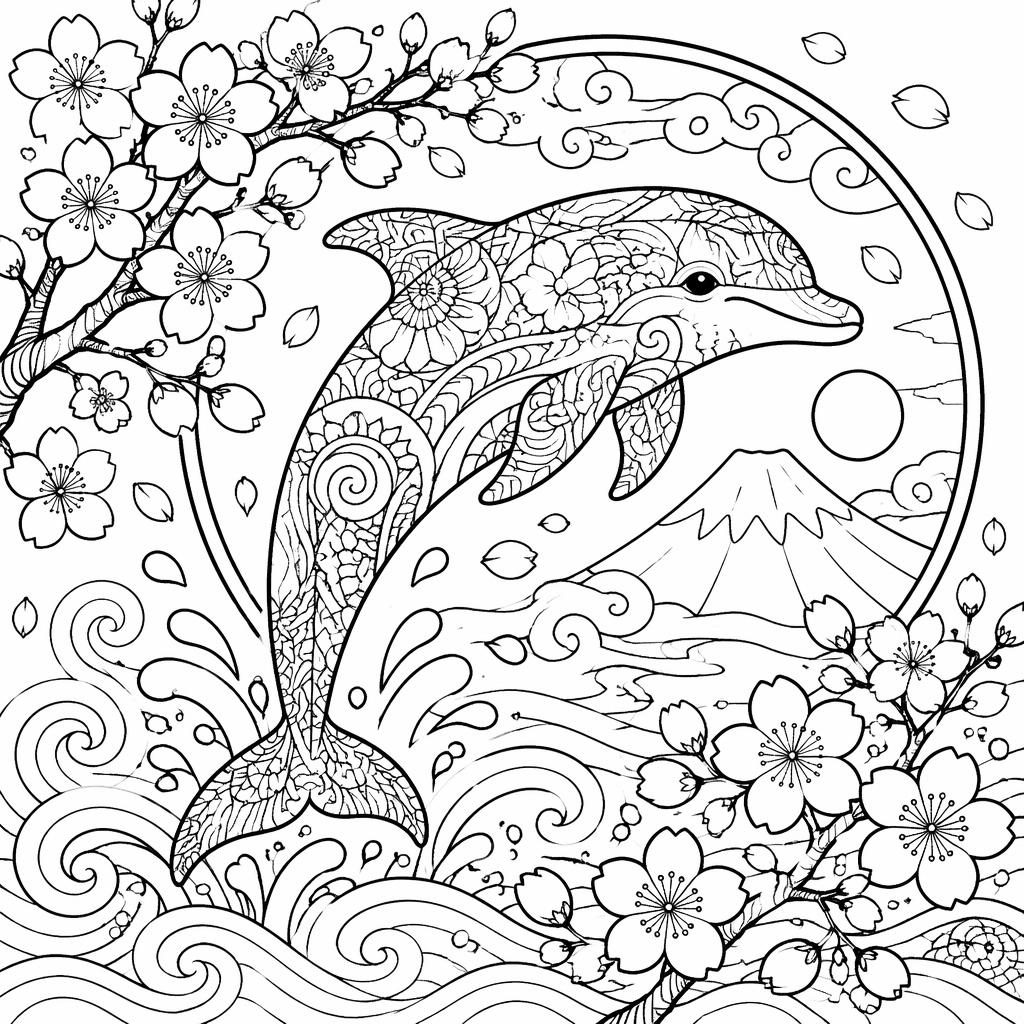 Illustration de coloriage en noir et blanc avec fleurs de cerisier japonais style zentangle, contours nets à imprimer.