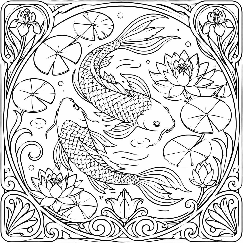 Black-and-white line art coloring page of a detailed koi pond in an art nouveau style with closed shapes for kids.