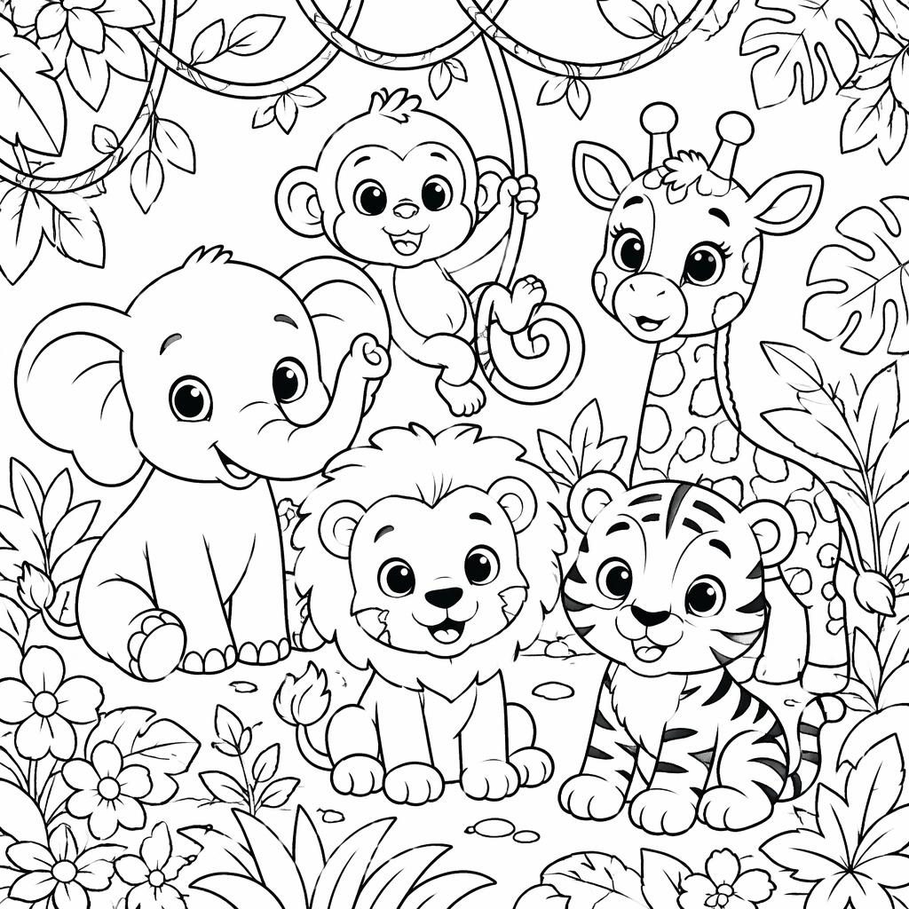 Illustration à colorier en noir et blanc avec de mignons animaux de la jungle pour enfants, style cartoon détaillé.