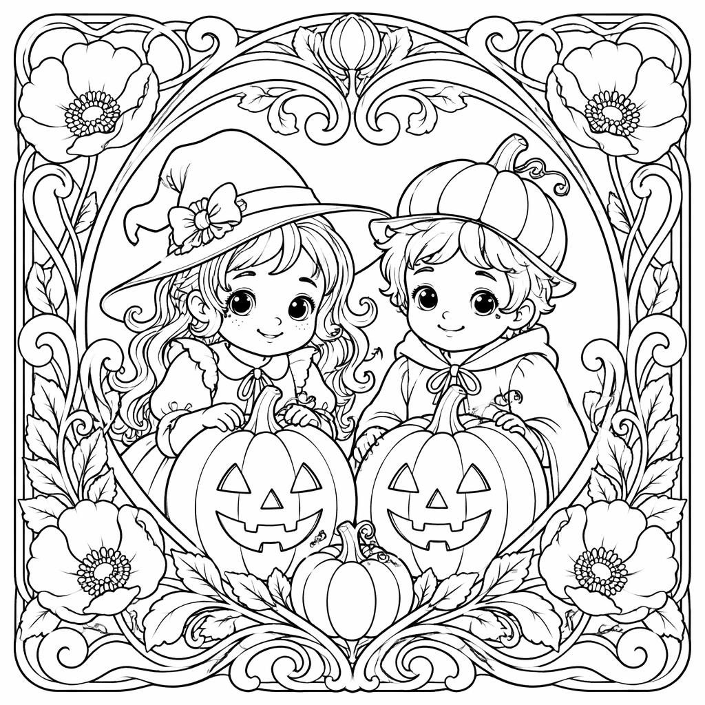 Ilustración para colorear en blanco y negro de niños con una calabaza de Halloween, estilo art nouveau y líneas limpias.