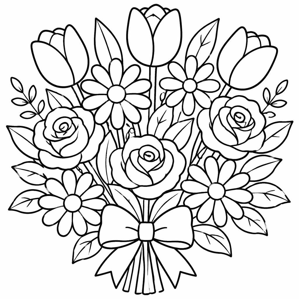 Zwart-wit kleurplaat van een boeket met tulpen, rozen, madeliefjes en bladeren in schattige cartoonstijl.