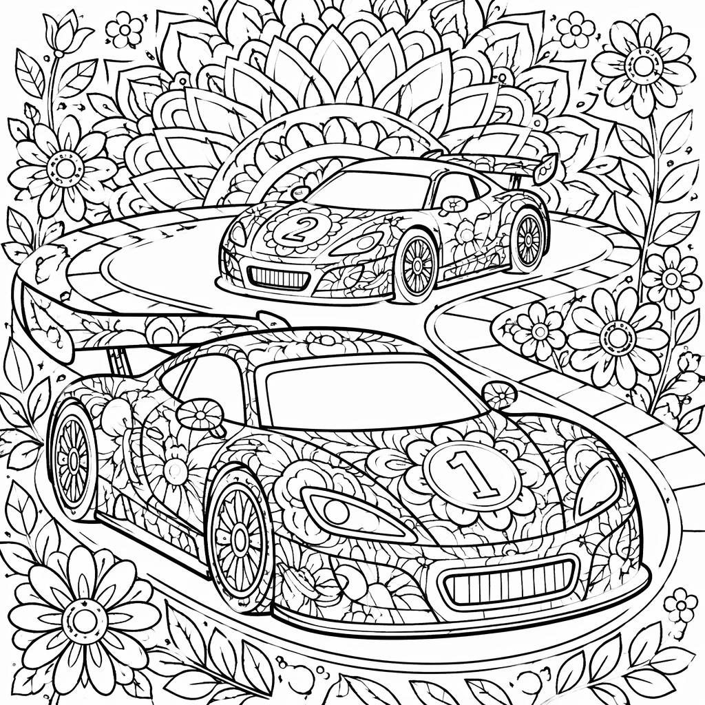 Schwarz-weiße Ausmalseite mit kindlichen Rennwagen in filigranem Mandala-Linienstil auf weißem Hintergrund.