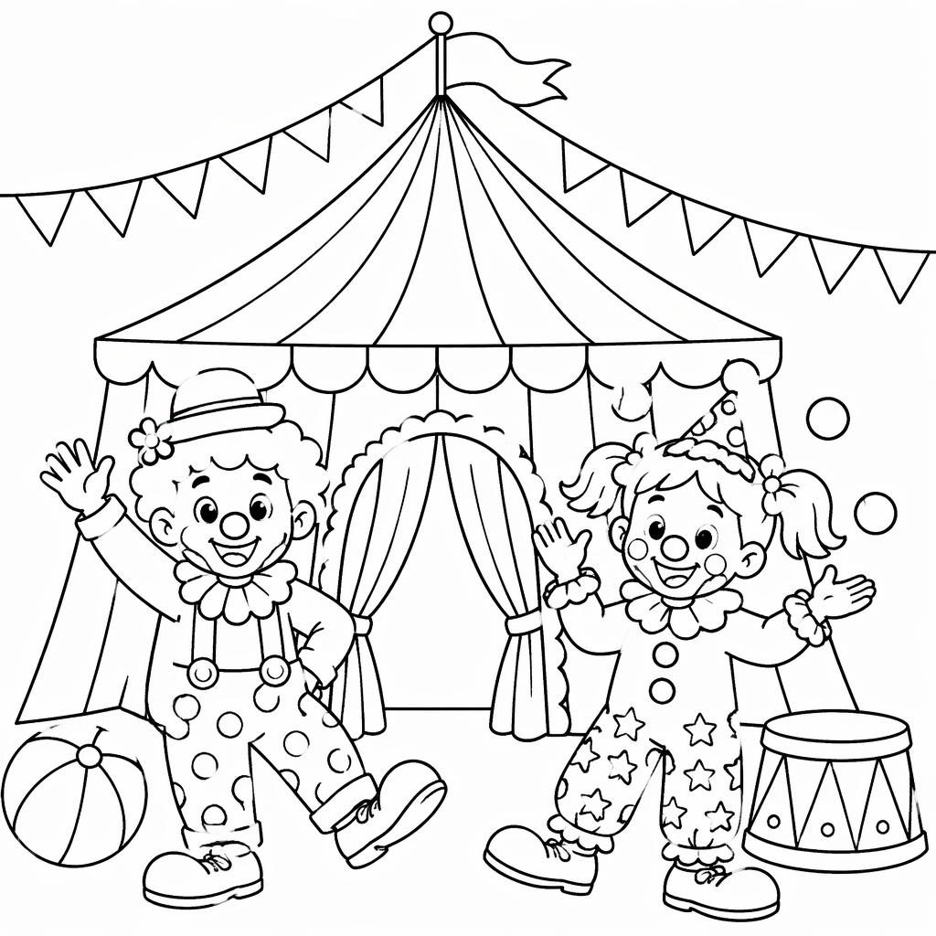 Schwarz-weiße Malvorlage mit Zirkuszelt, fröhlichen Clowns und Kindern im niedlichen Cartoon-Stil.