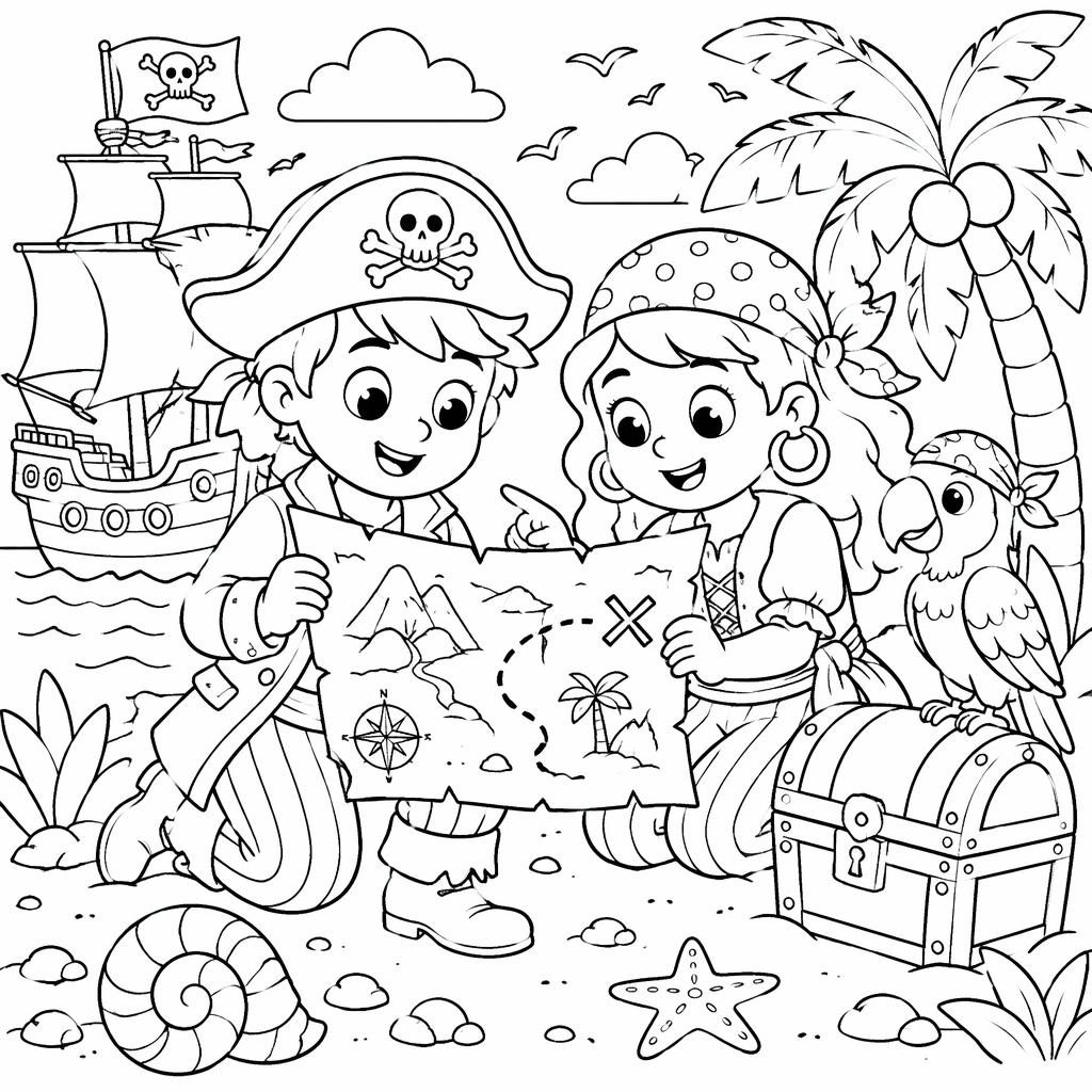 Ilustración para colorear en blanco y negro de niños piratas con mapa del tesoro, estilo caricatura tierno.