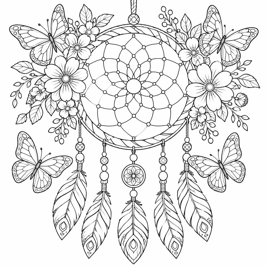 Schwarz-weiße Ausmalillustration mit detailreichen Schmetterlingen und Blumen im Manga-Stil als Line-Art